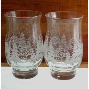 2 Lynns Pines Glassware Tumbler 5" winter tree silhouette in white 10oz decorati